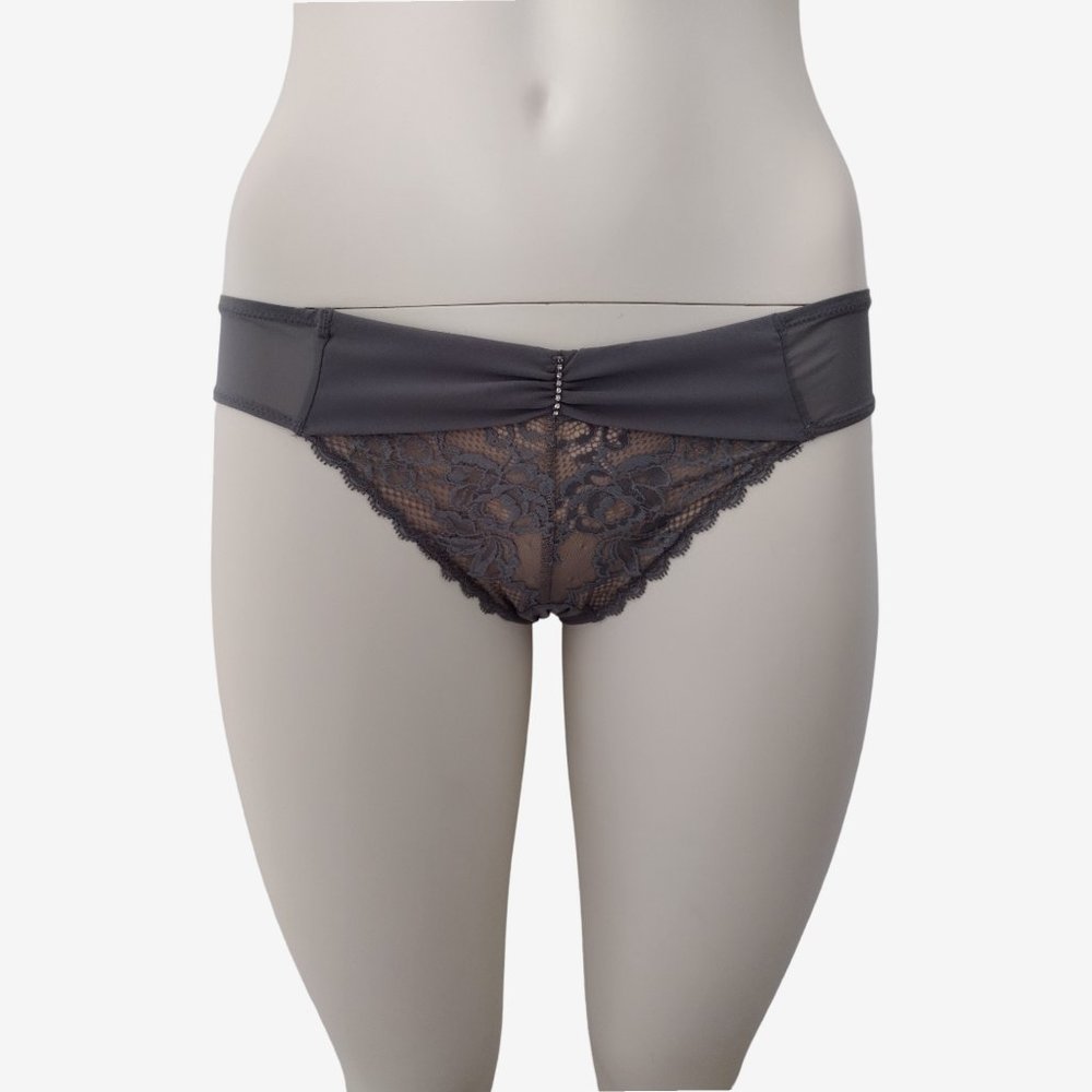 Adore Me Gray Sheer Mesh and Lace Matte Satin Bikini Panty Size S